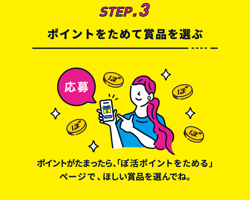 「ポイントがたまったら、「ぽ活ポイントをためる」ページで、ほしい賞品を選んでね。