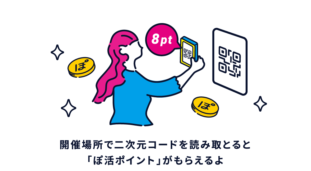 開催場所で二次元コードを読み取とると「ぽ活ポイント」がもらえるよ